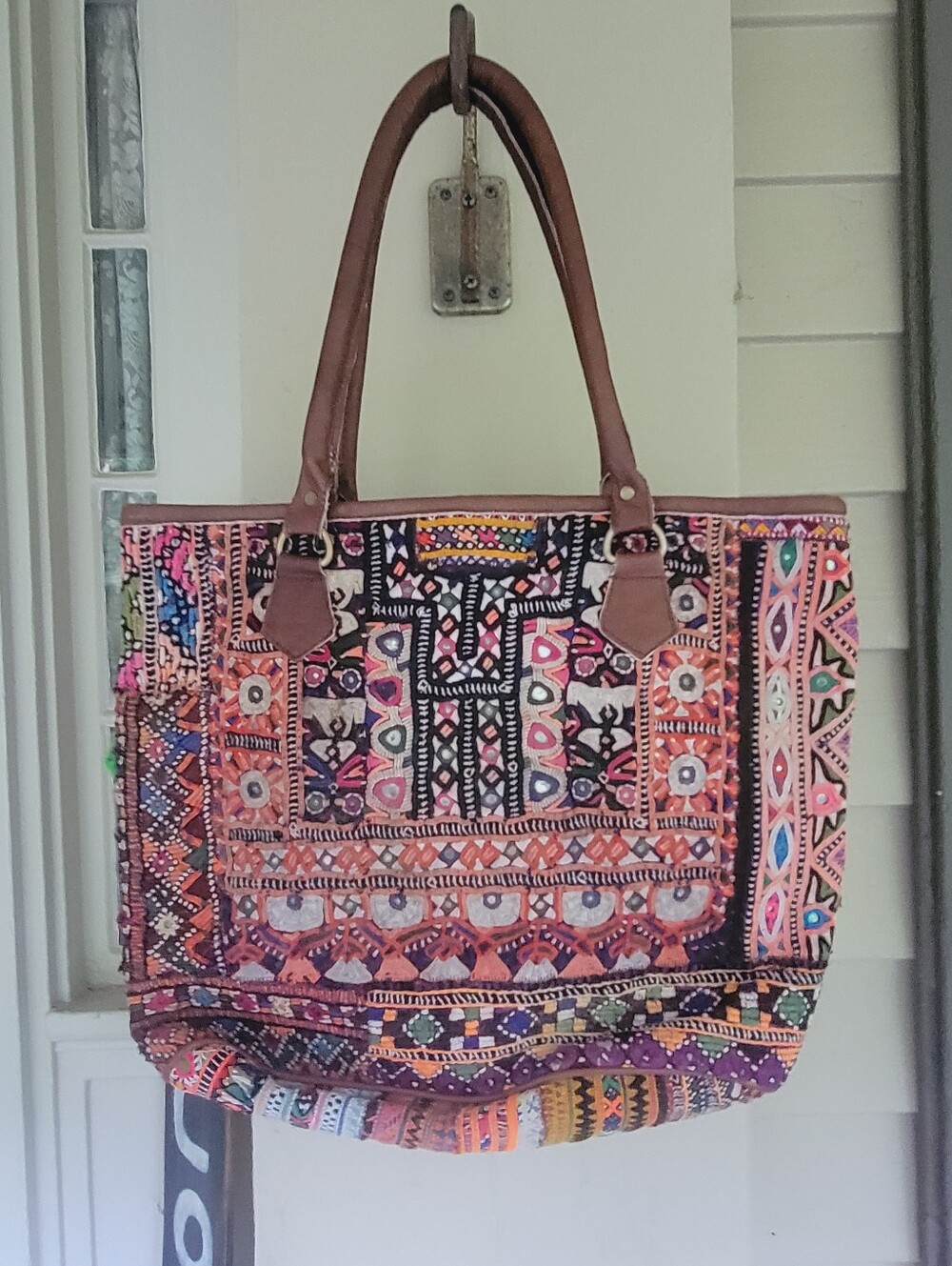 Embroidered Artisan Banjara Zari Boho Textile Leather Tote Shoulder Bag